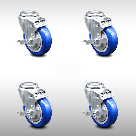 Service Caster 4 Inch SS Blue Polyurethane Wheel Swivel Bolt Hole Caster Set with Brake SCC SCC-SSBH20S414-PPUB-BLUE-TLB-4